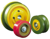 flanged wheels, urethane coated v-grooved wheels